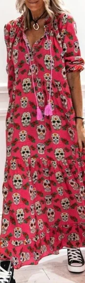 pink skull dress Women's Pink Floral Skull Zip Front Bodycon Long Sleeve Dress